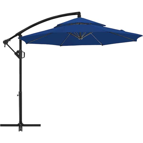 PASAMIC 10 ft. Double Tiers Aluminum Patio Offset Umbrella Outdoor Cantilever Umbrella with Crank and Cross Bases in Navy Blue