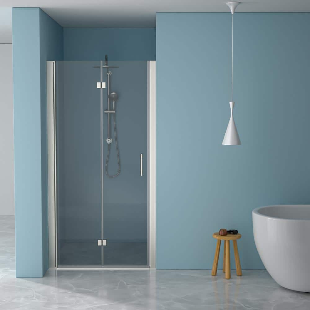 32 in. W x 72 in. H Bi-Fold Semi-Frameless Shower Door in Brushed Nickel Fi