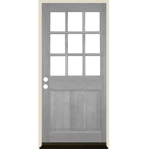Krosswood Doors 36 in. x 80 in. Farmhouse Beveled 9-Lite Clear Glass Right Hand Grey Stain Hemlock Wood Prehung Front Door
