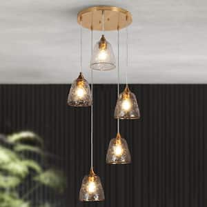 DIY Modern Classic Plated Brass Cluster Chandelier with Clear Ripple Glass Shades for Dining Living Room 5-Light Pendant