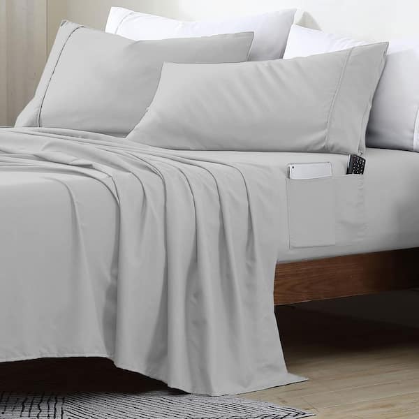 King Size Microfiber Sheet Set with 8 in. Double Storage Side Pockets, Silver