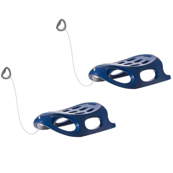 Outdoor Snow Sleigh Ice Sled Toy, 2 Rider, Solid Hard Plastic with Pull Rope for Kids Over 5-Years in Blue (Set of 2)