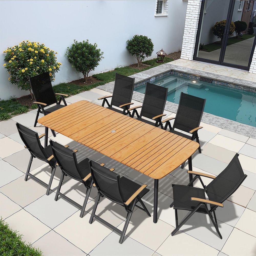 Brown 9-Piece 92.9 in. Aluminum Wood-Like Patio Outdoor Dining Set, with Umbrella Hole Table and Folding Recline Chairs price history on PriceWatchPro