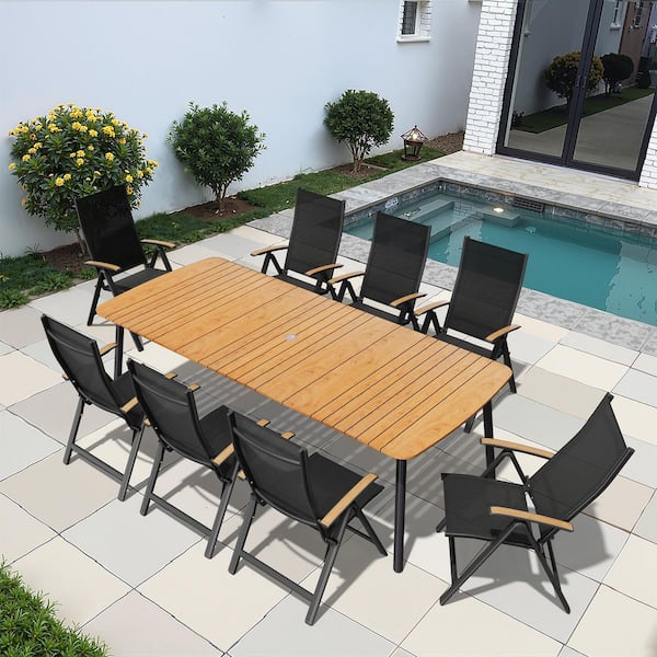 Brown 9-Piece 92.9 in. Aluminum Wood-Like Patio Outdoor Dining Set, with Umbrella Hole Table and Folding Recline Chairs