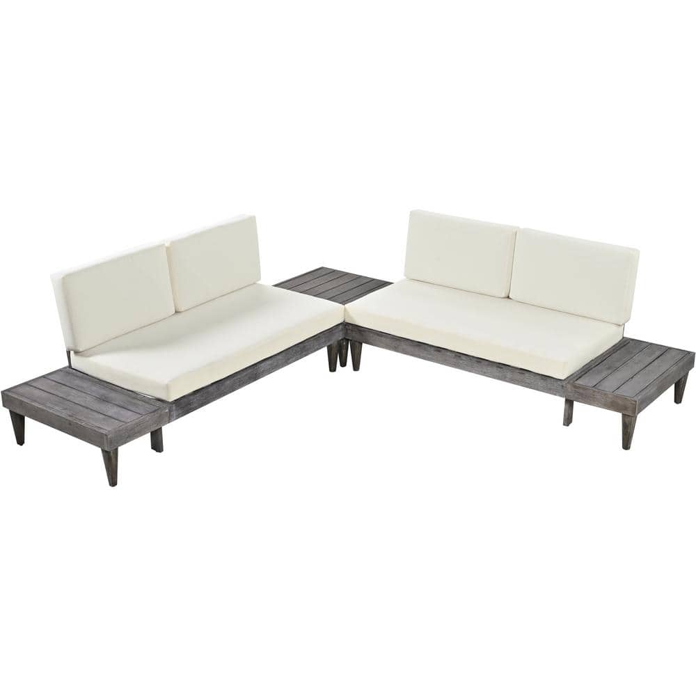 Acacia Wood Outdoor 3-Piece Patio Sectional Sofa Set with Coffee Table, Sid