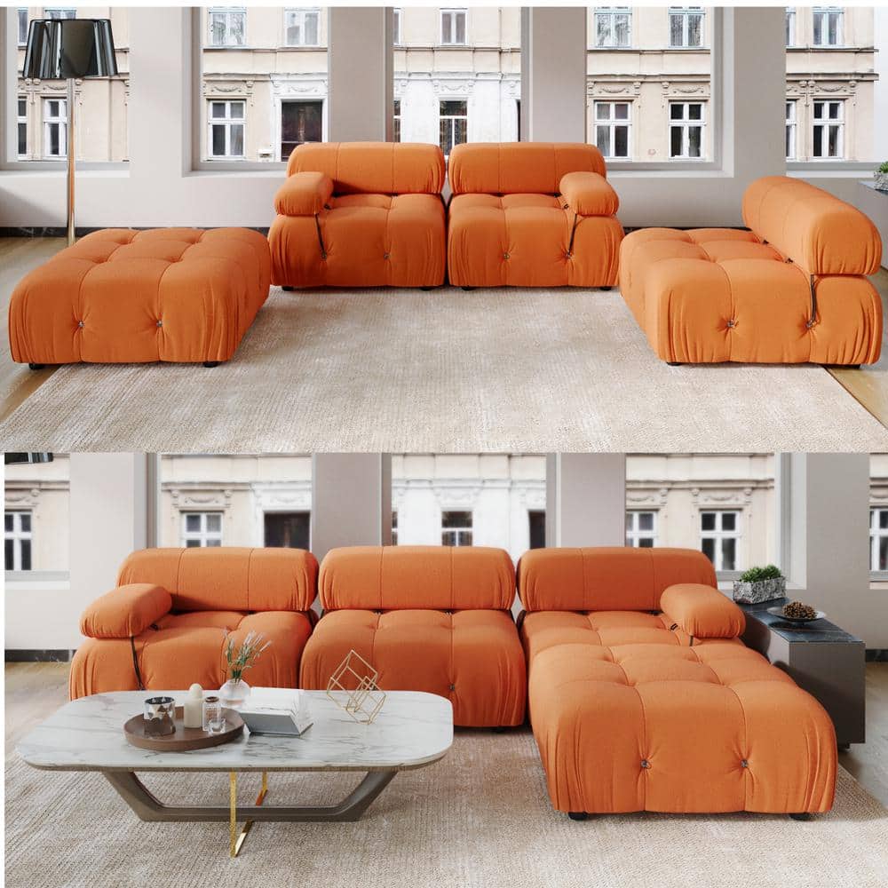 Wood 104 in. Flared Arm 4 Piece Velvet L Shaped Sectional Sofa in Orange