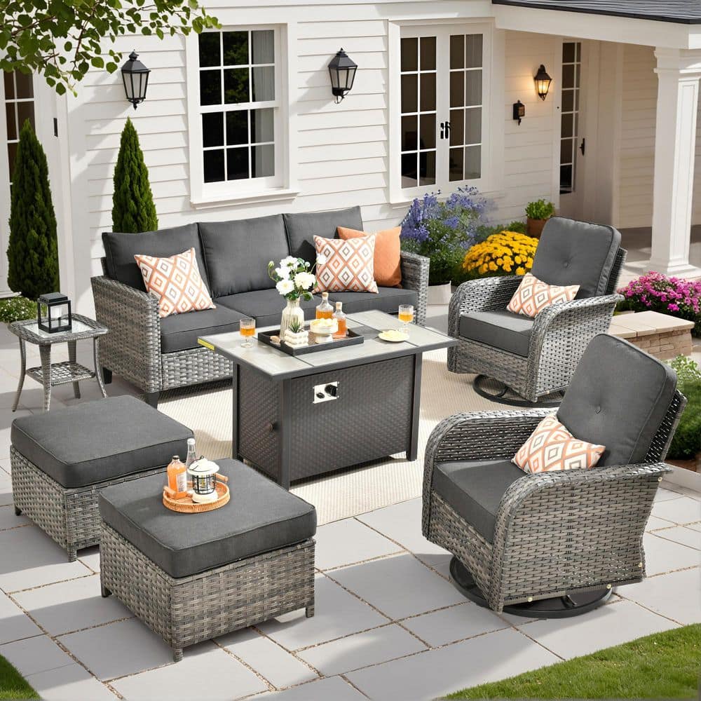 Elvira 7-Piece Wicker Patio Rectangular Fire Pit Set with Black Cushions and Swivel Rocking Chairs price history on PriceWatchPro