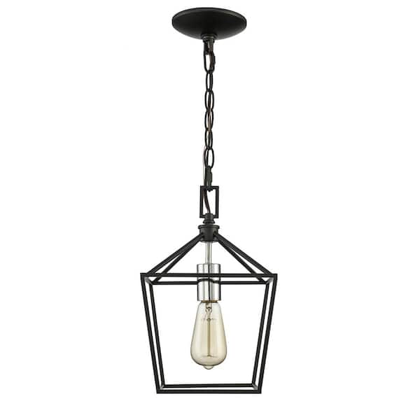 Home Decorators Collection Weyburn 1-Light Black and Polished Chrome Farmhouse Mini Pendant Light Fixture with Caged Metal Shade