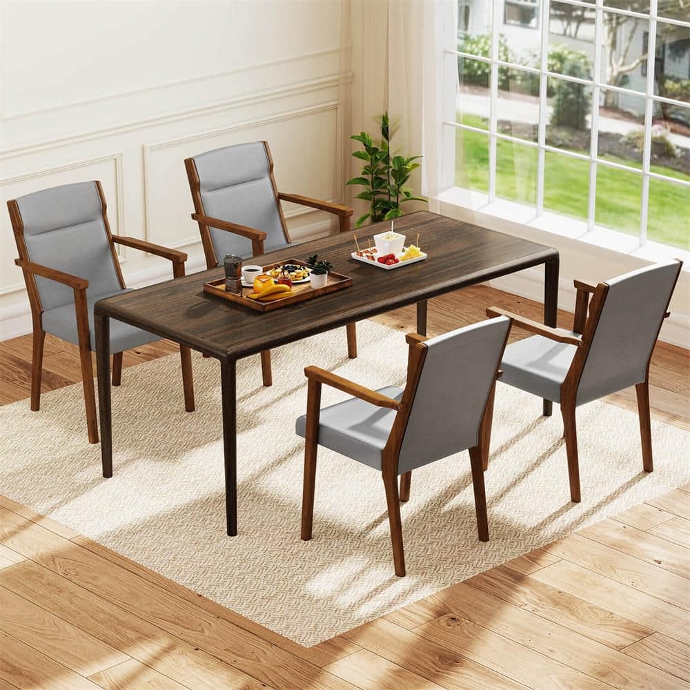 Costway Mid-Century Modern Gray Fabric Dining Chairs Set of 4 Upholstered Wooden Accent Chairs with Headrest