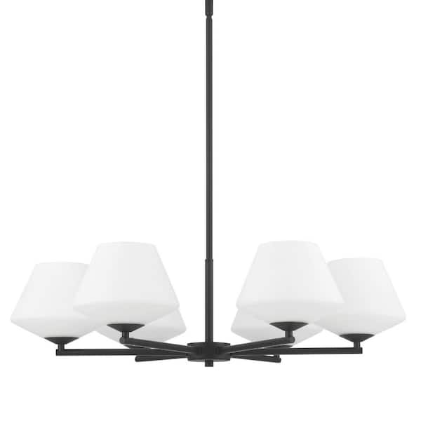 Hunter Celestial Valley 6-Light Matte Black Chandelier Round with Cased White Glass for Dining Room