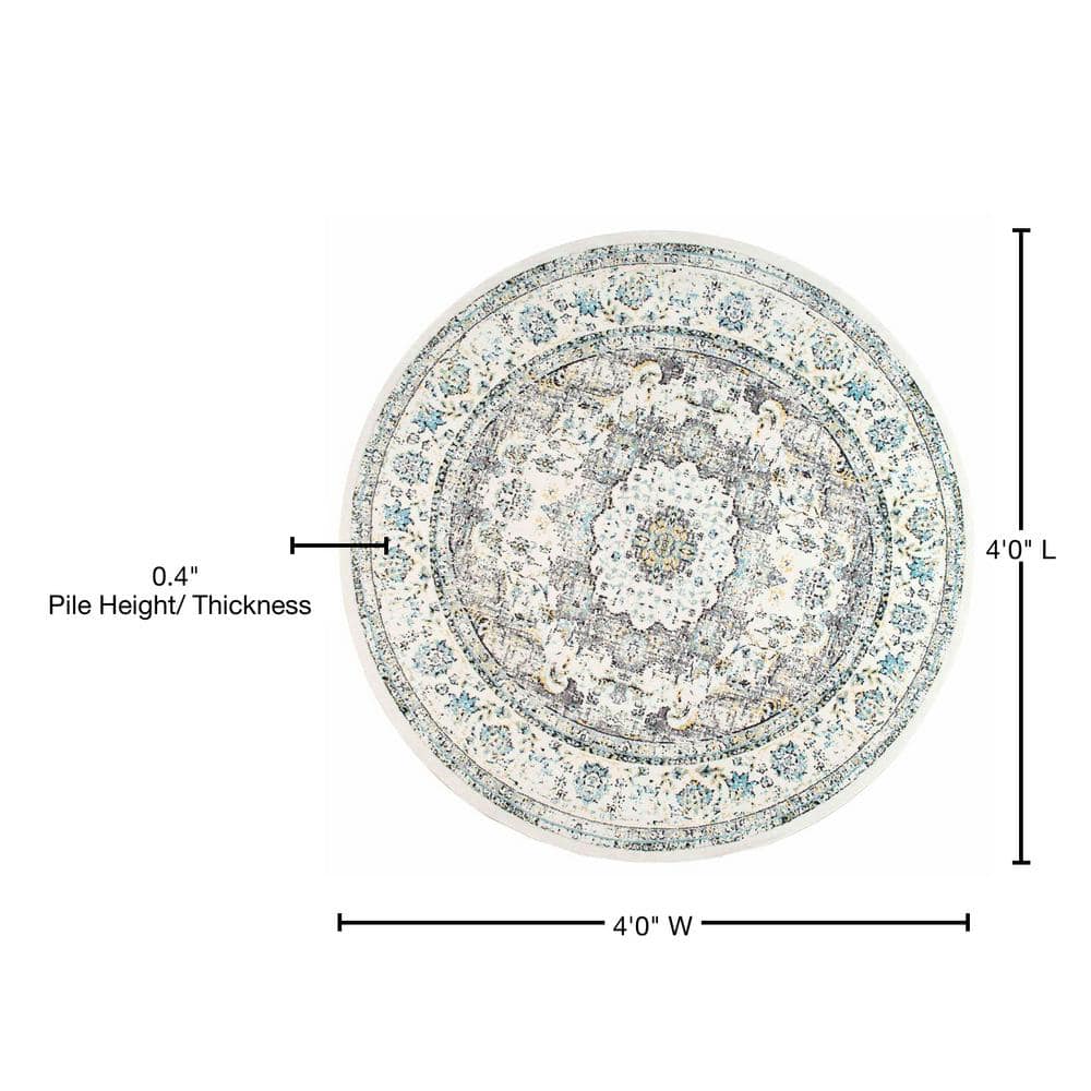 Gray and Beige Round Synthetic Persian Style Area Rug