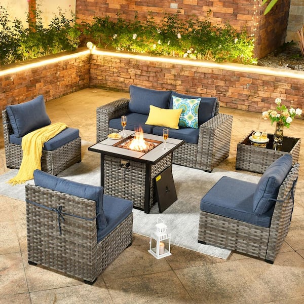 XIZZI Metis 7-Piece Wicker Outdoor Patio Fire Pit Conversation ...