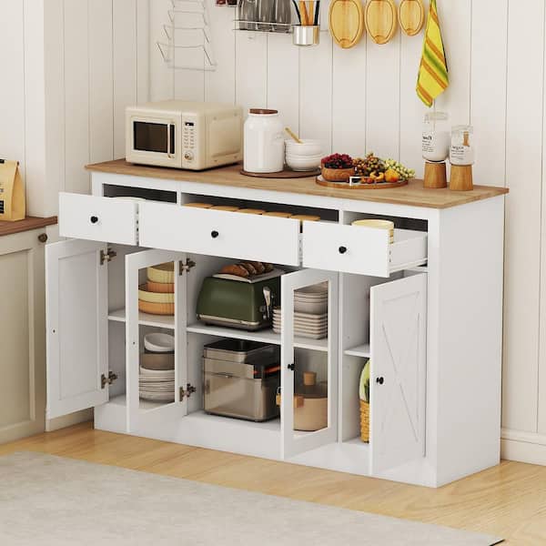 White 55 in. Wood Large Buffet Sideboard w/ 3-Drawers 2 See-through Doors Adjustable Shelves