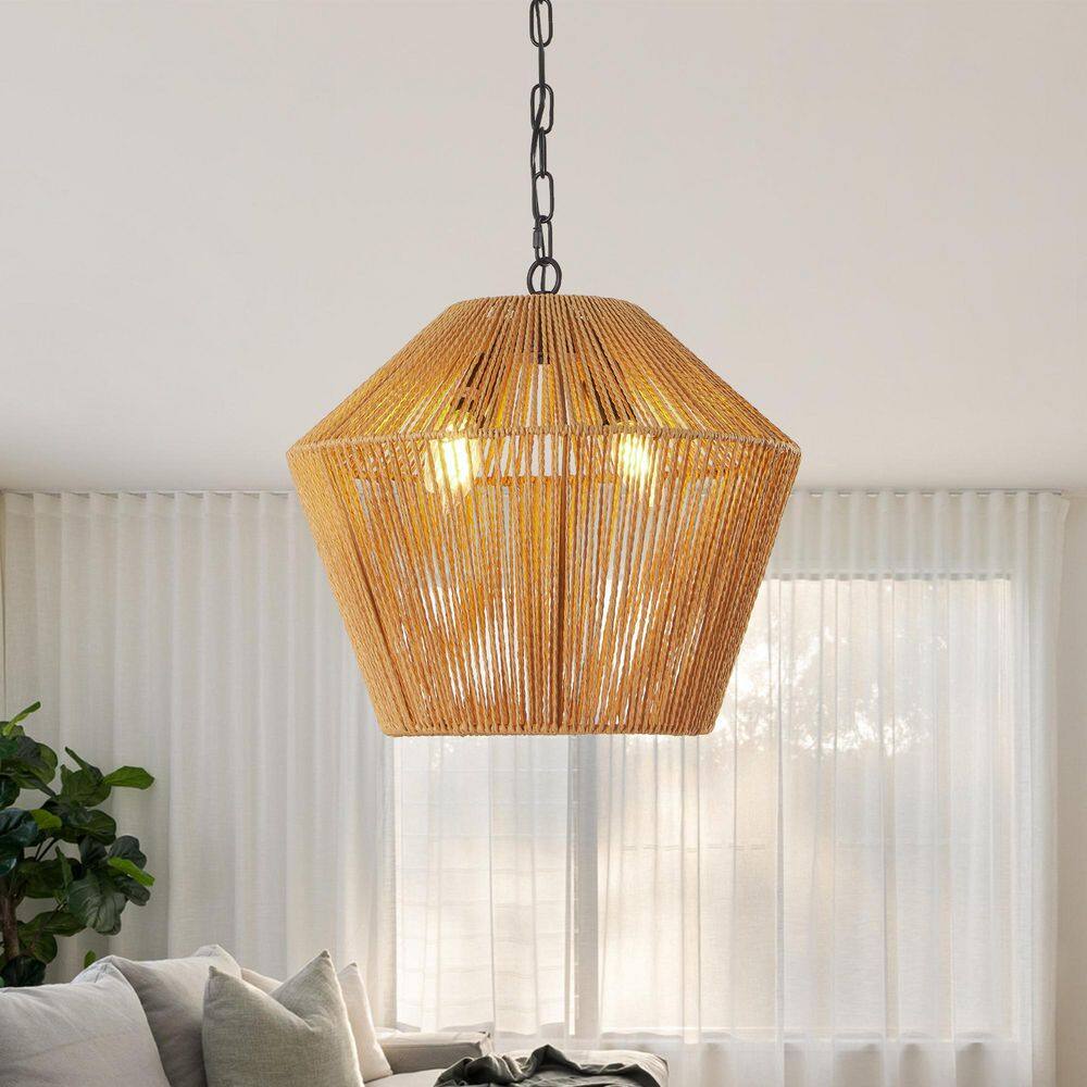 17 in. 4-Light Handcrafted Farmhouse Natural Rattan Pendant Light in Antique Brass with Rope Woven Shape price history on PriceWatchPro