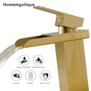 Single Handle Waterfall Spout Single Hole Bathroom Sink Faucet with Drain Kit and Deckplate Included in Brushed Gold