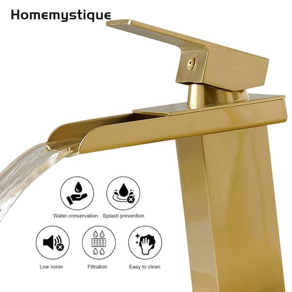 Single Handle Waterfall Spout Single Hole Bathroom Sink Faucet with Drain Kit and Deckplate Included in Brushed Gold