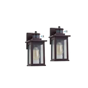 11.75 in. H Oil Rubbed Bronze E26 Motion Sensor Dusk to Dawn Lantern Sconce with Clear Seeded Glass Shade (Set of 2)
