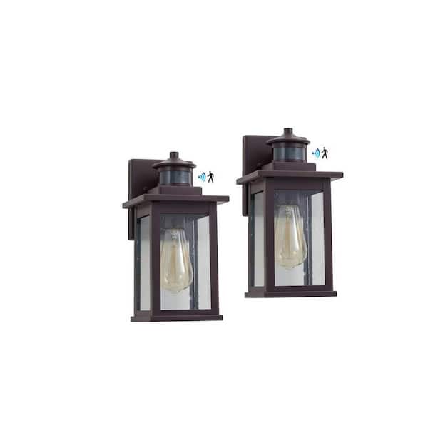 Unbranded 11.75 in. H Oil Rubbed Bronze E26 Motion Sensor Dusk to Dawn Lantern Sconce with Clear Seeded Glass Shade (Set of 2)