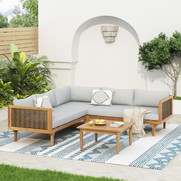 4-Piece Acacia Wood Outdoor Sectional Seating Set with Light Gray Cushions, Patio Furniture Set for Backyard Garden Teak
