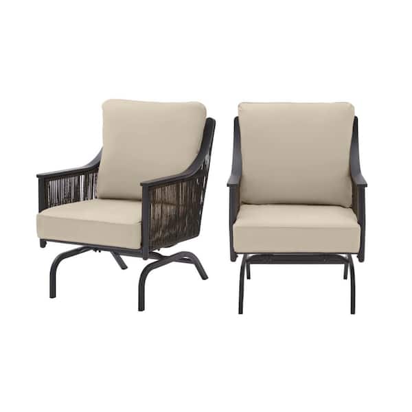 Hampton Bay Bayhurst Black Wicker Outdoor Patio Rocking Lounge Chair with CushionGuard Putty Tan Cushions (2-Pack)
