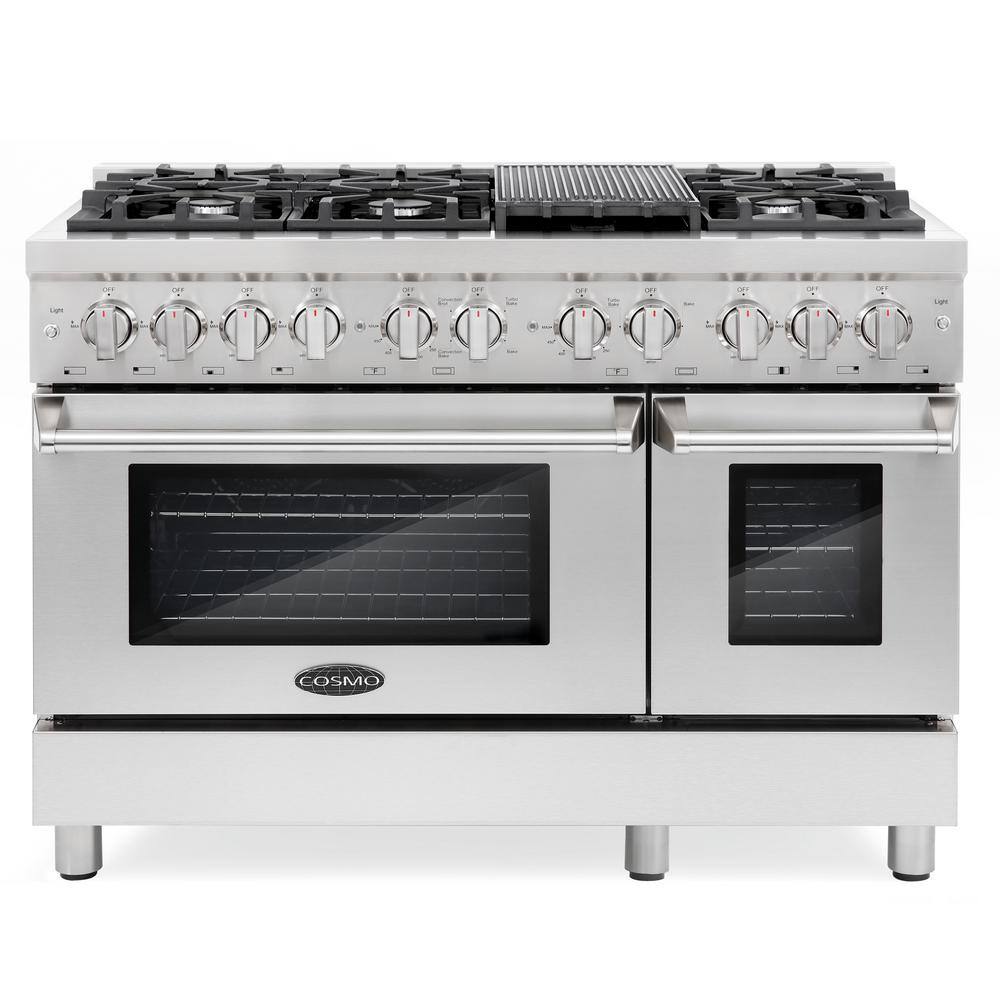 Cosmo Commercial Style 48 In 5 8 Cu Ft Double Oven Dual Fuel Range With 6 Sealed Burners In Stainless Steel Cos Dfr486g The Home Depot