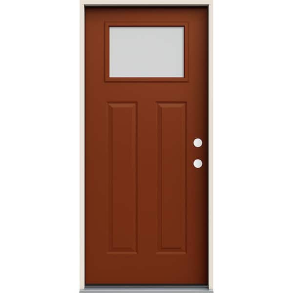 JELD-WEN 36 in. x 80 in. Left Hand Craftsman Blanca Frosted Glass Mesa Red Steel Prehung Front Door