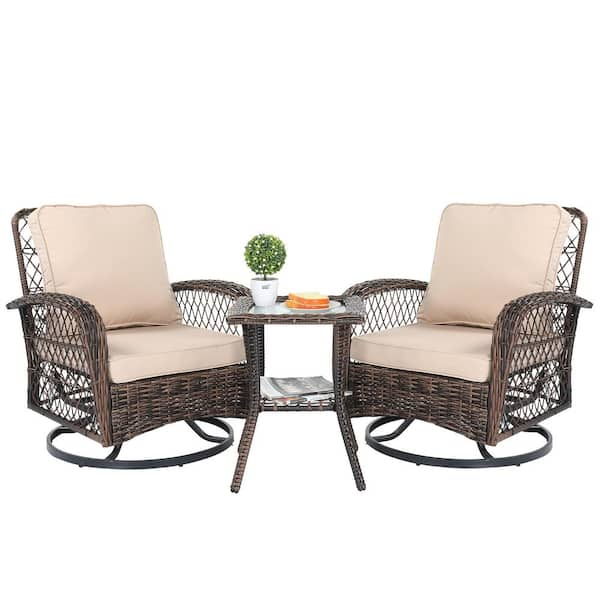 Karl home 3-Piece Wicker Swivel Rocking Patio Conversation Set with Cushions