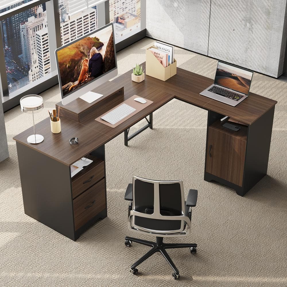 Cherry Wood L-Shaped Gaming Desk with Drawers and Keyboard Tray