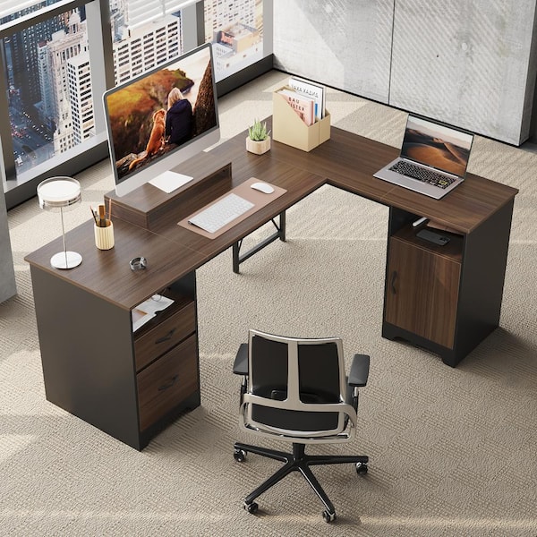 63 in. Rectangular Cherry 2-Drawers L Shaped Computer Desk Storage Cabinet and 2-Open Storage