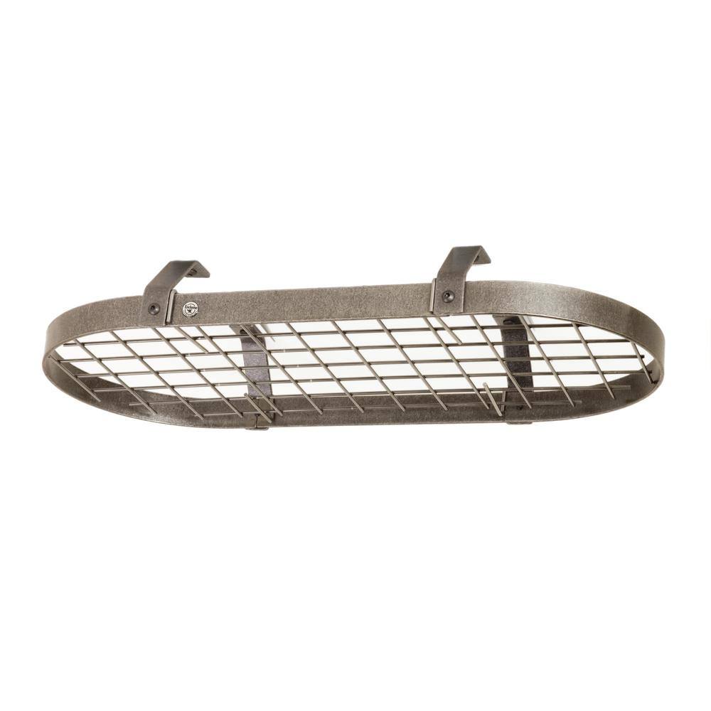 Handcrafted Hammered Steel Low-Ceiling Oval Pot Rack with Hooks