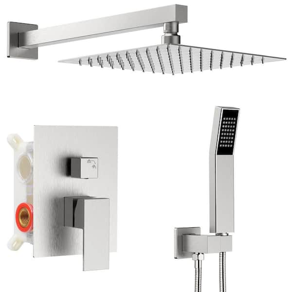 1-Spray Square High Pressure Shower Faucet Set with Hand Shower in Brushed Nickel (Valve Included)