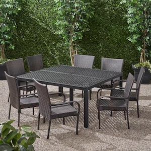 Bullpond Matte Black and Multibrown 9-Piece Aluminum and Wicker Square Table Outdoor Dining Set