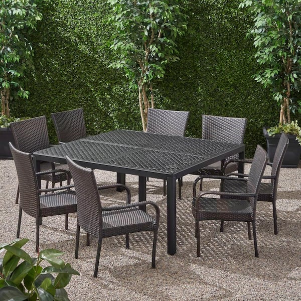 Noble House Bullpond Matte Black and Multibrown 9-Piece Aluminum and Wicker Square Table Outdoor Dining Set