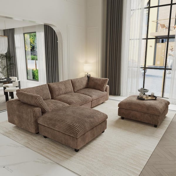 Magic Home 118 in. Square Arm Soft Faux Rabbit Fur Velvet 5-Piece Modular Sectional Sofa with Ottoman,Washable Covers in Brown