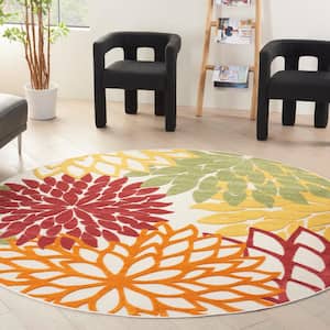 Aloha Red Multi Colored 8 ft. x 8 ft. Round Floral Contemporary Indoor/Outdoor Patio Area Rug