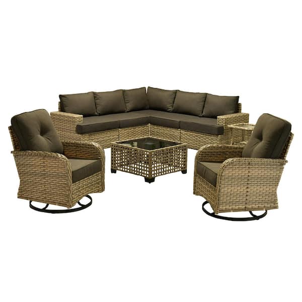 Aimee 9-Piece Wicker Patio Conversation Seating Sofa Set with Black Cushions and Swivel Rocking Chairs
