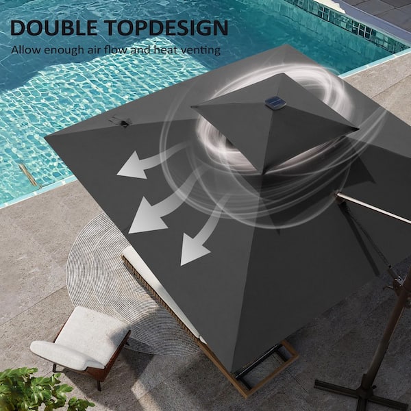 10.5 ft. Square 2-Tier Top Metal 360° Rotation Outdoor Cantilever Patio Umbrella in Black with Base with LED Lights