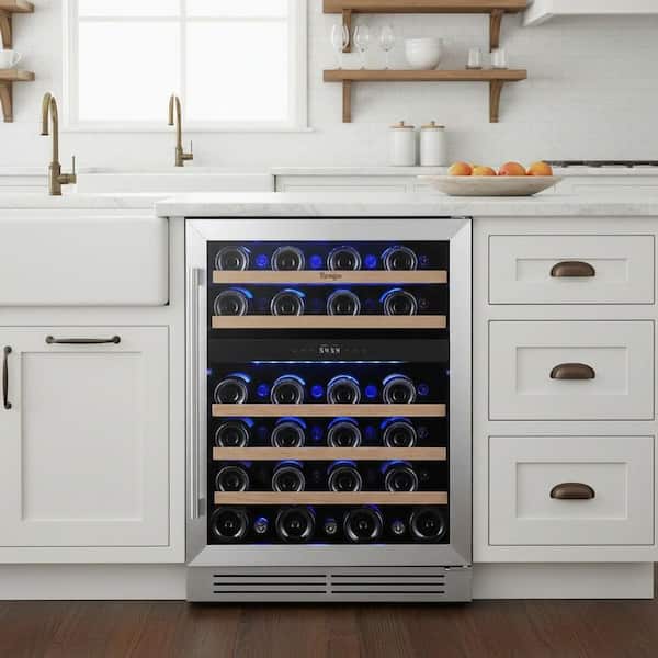 24 in. Dual Zone 52-Bottle Built-In/Freestanding Wine Cooler with Frost Free, 5 Removable Shelves in Stainless Steel