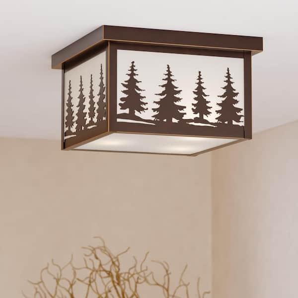 VAXCEL Yosemite Bronze Rustic Tree Square Indoor Outdoor Flush Mount 2-Light Ceiling Light