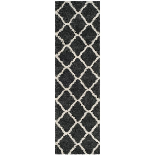 Hudson Shag 2 ft. x 12 ft. Dark Gray/Ivory Geometric Diamond Trellis Runner Rug
