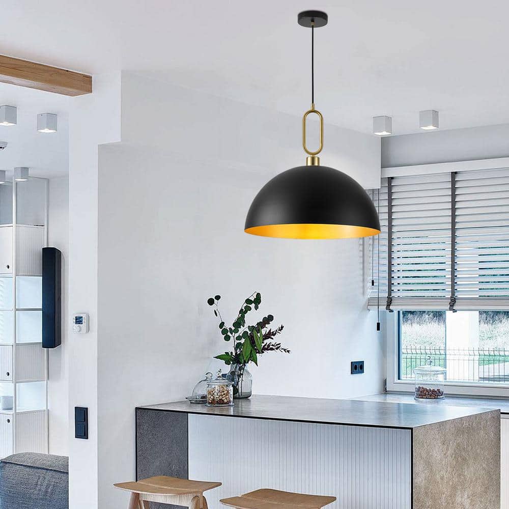 Large Black and Gold Metal Dome Pendant Light for Kitchen Island