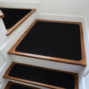 Waffle Black 8.5 in. x 26 in. and 31 in. x 31 in. Solid Border Non-Slip Stair Tread Cover and Landing Mat (Set of 16)