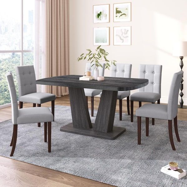 Harper & Bright Designs 7-Piece Gray MDF Top Dining Table Set Seats 6 with 6-Linen Upholstered Chairs, V-shaped Table Legs