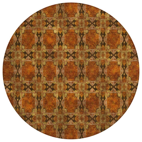 Orange and Rust 8 ft. Round Woven Floral;Medallion Round Indoor/Outdoor Area Rug