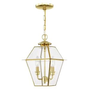 Ainsworth 14 in. 2-Light Polished Brass Dimmable Outdoor Pendant Light with Clear Beveled Glass and No Bulbs Included