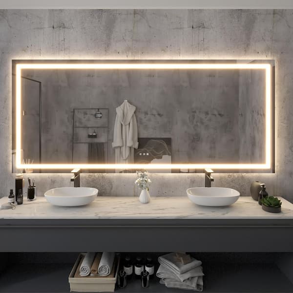 88 in. W x 38 in. H Rectangular Frameless LED Light Anti-Fog Wall Bathroom Vanity Mirror with Backlit and Front Light