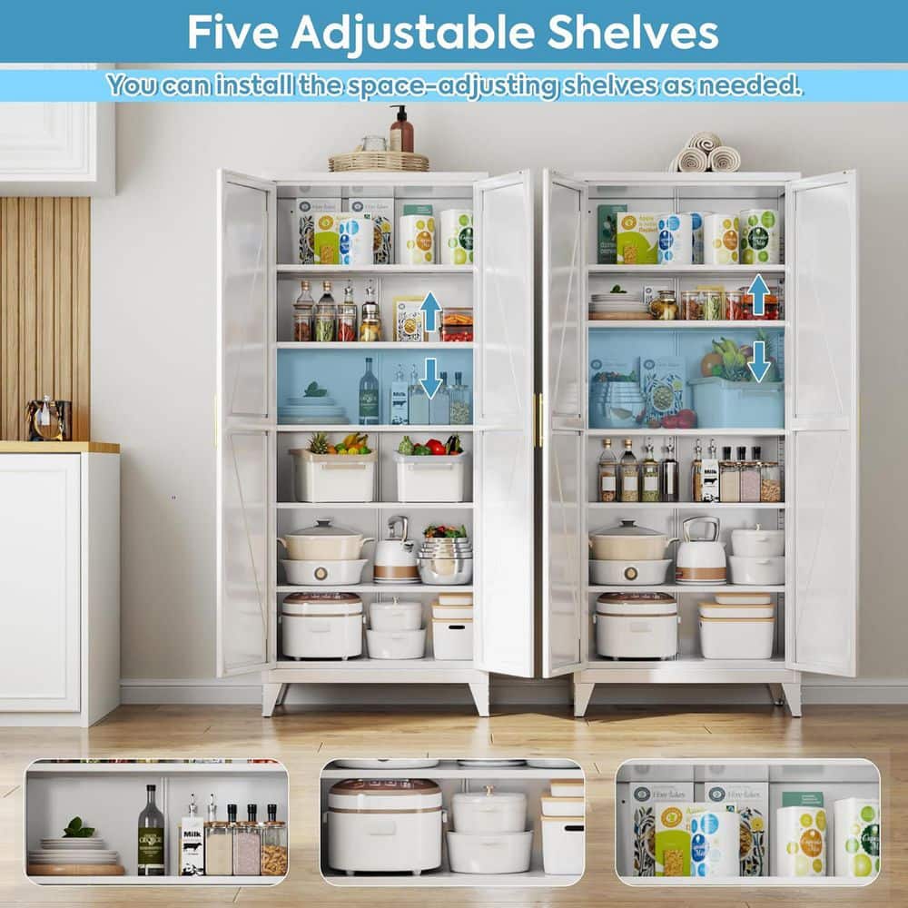 Two white metal storage cabinets side by side, both with doors open.