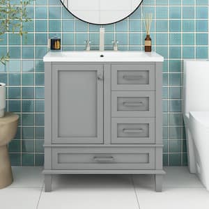 30 in. W x 18 in. D x 34 in. H Single Sink Freestanding Bath Vanity in Gray with White Ceramic Top