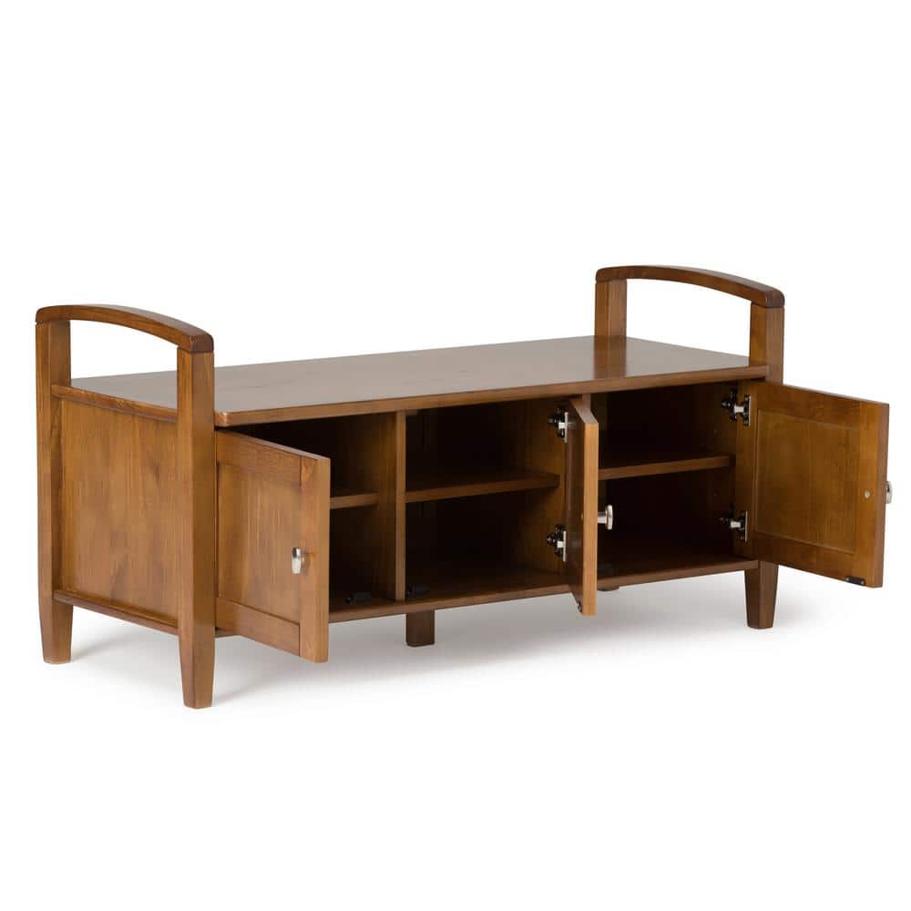 Transitional Solid Pine Storage Bench in Light Golden Brown, 44 inch