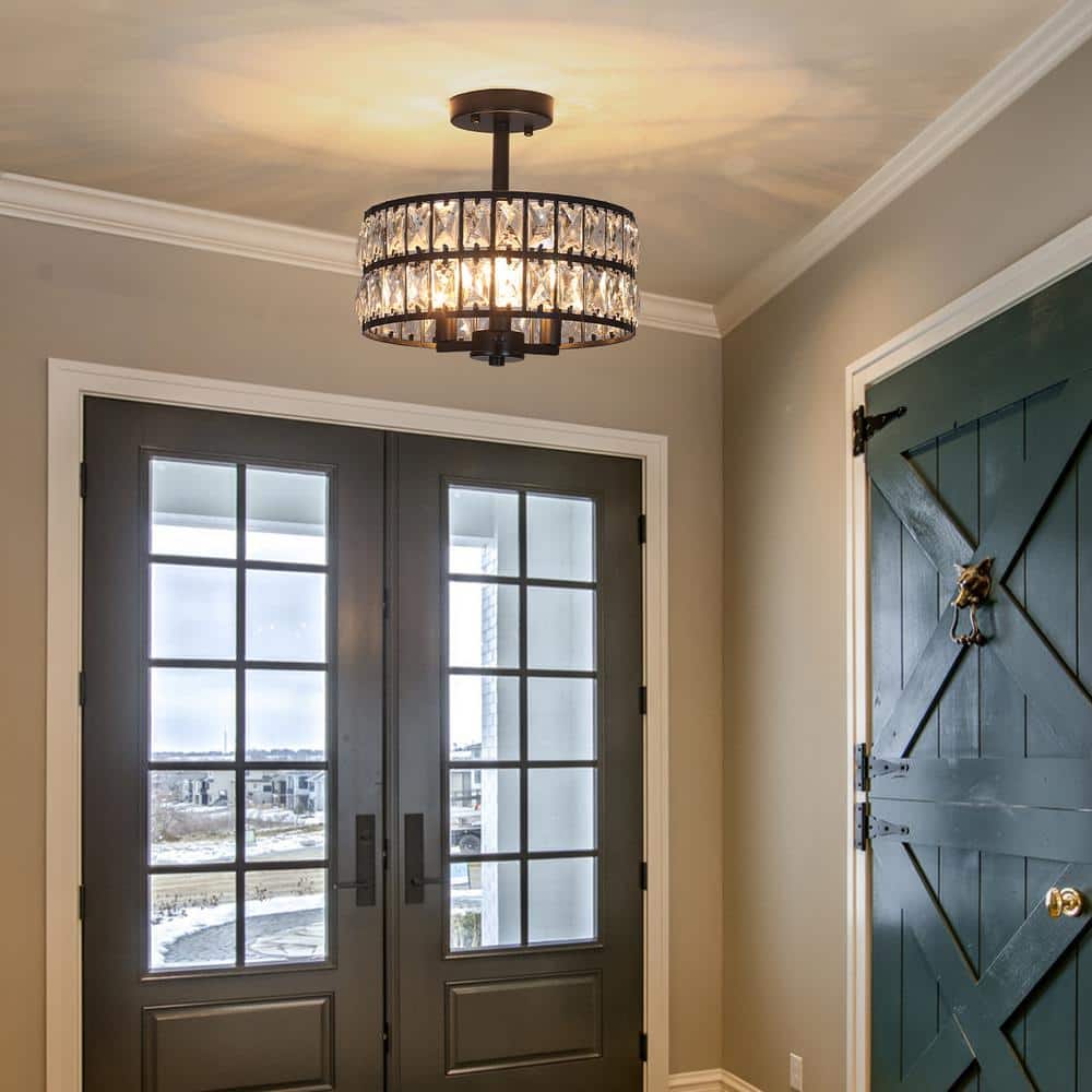Black Metal and Crystal Drum Semi-Flush Mount Ceiling Light